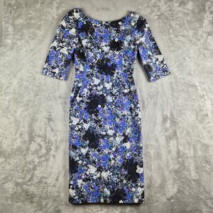 Erdem Sheath Midi Dress 4 Blue Abstract Floral 3/4 Sleev Wedding Cocktail Formal